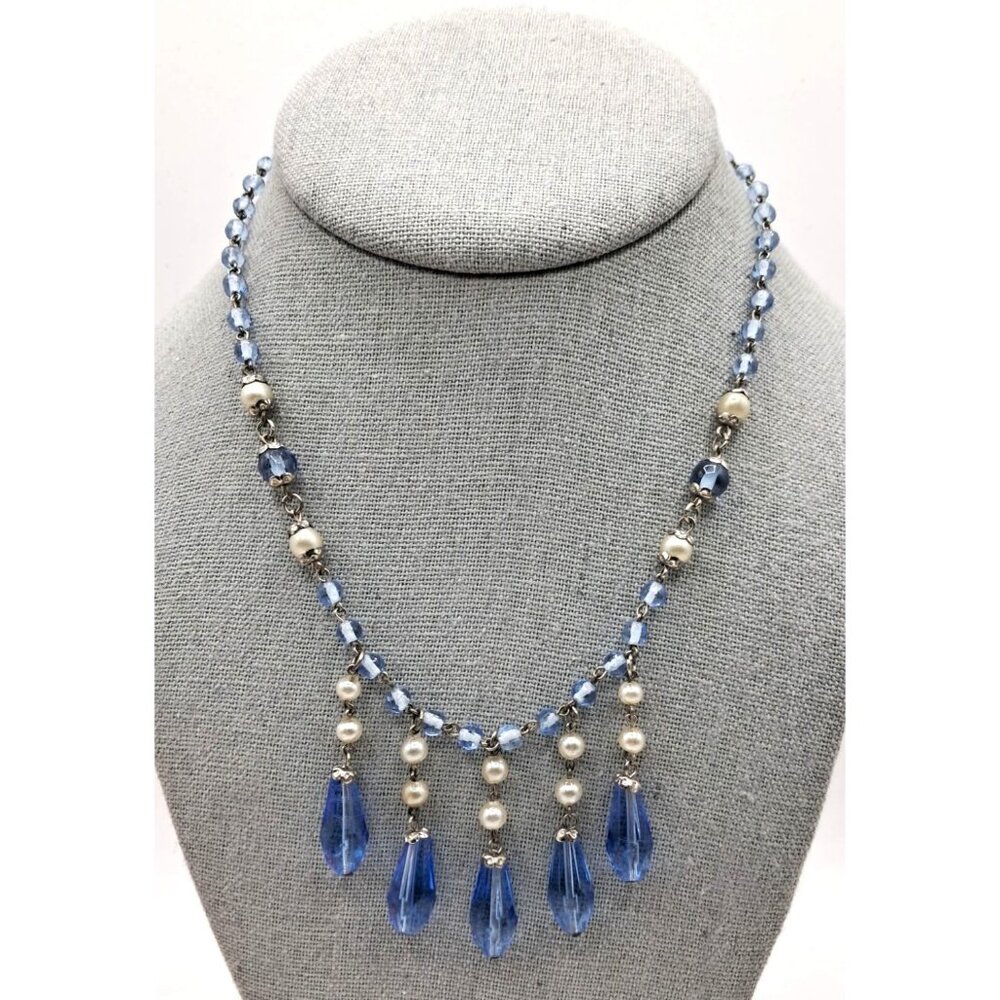 Vintage Blue Glass Necklace Faux Pearl Silver Tone Bib With Teardrop Beads and S